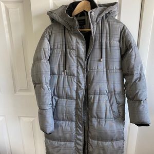 Extended Gray Glen Plaid Puffer Coat